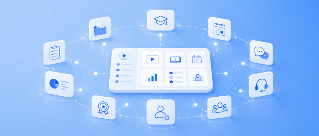 Imagen conceptual de una plataforma e-learning para centros de formación, con un panel digital central rodeado de iconos de cursos, planificación, comunicación, seguimiento, evaluación, gestión administrativa y apoyo al alumnado.