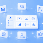 Imagen conceptual de una plataforma e-learning para centros de formación, con un panel digital central rodeado de iconos de cursos, planificación, comunicación, seguimiento, evaluación, gestión administrativa y apoyo al alumnado.