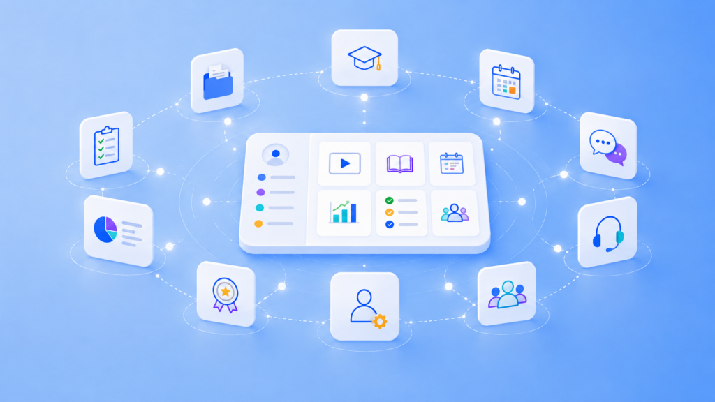 Imagen conceptual de una plataforma e-learning para centros de formación, con un panel digital central rodeado de iconos de cursos, planificación, comunicación, seguimiento, evaluación, gestión administrativa y apoyo al alumnado.
