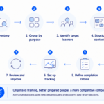Seven-step process to organise internal training: inventory, purpose, target learners, content structure, completion criteria, tracking and improvement.