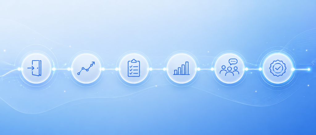 Secuencia visual de iconos sobre el seguimiento de la formación interna, con acceso, progreso, actividades, resultados, participación y finalización conectados en un flujo azul.