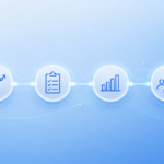 Secuencia visual de iconos sobre el seguimiento de la formación interna, con acceso, progreso, actividades, resultados, participación y finalización conectados en un flujo azul.