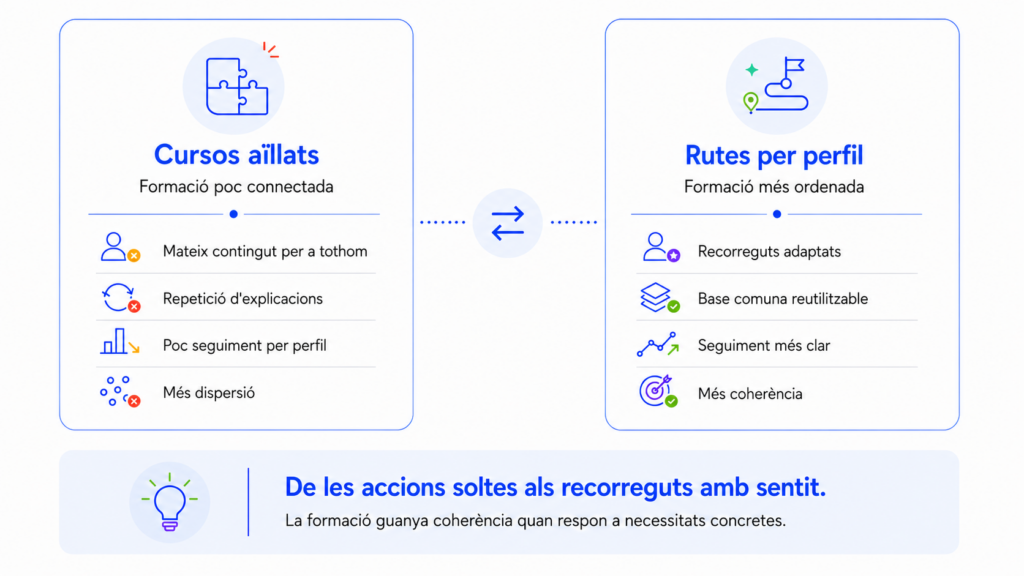 Infografia sobre itineraris formatius per a empreses que compara cursos aïllats i rutes per perfil