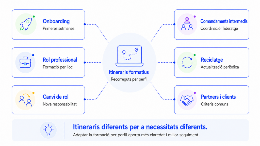 Infografia sobre itineraris formatius per a empreses amb exemples de recorreguts per perfil.