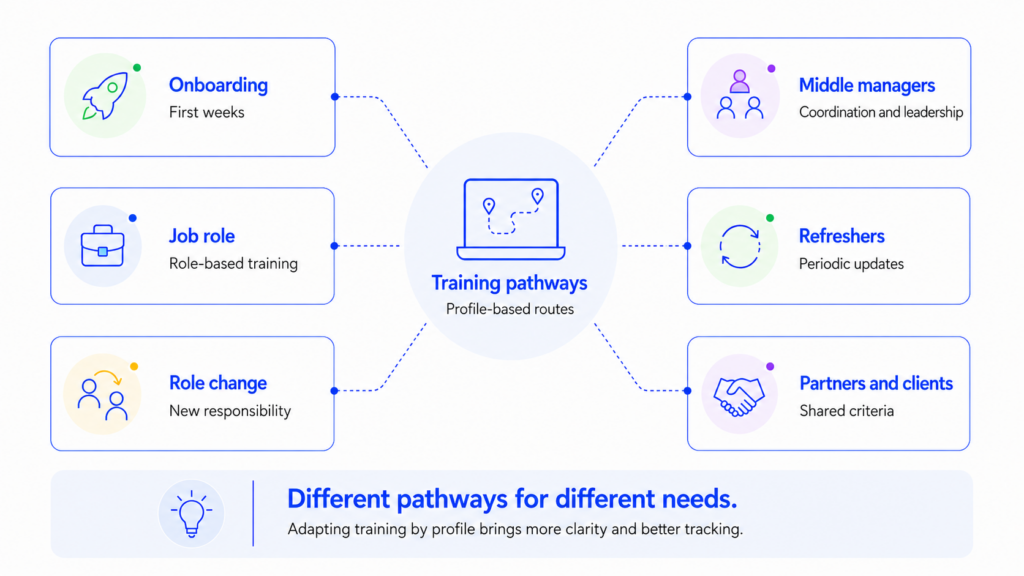 Infographic about training pathways for companies with examples of profile-based routes.