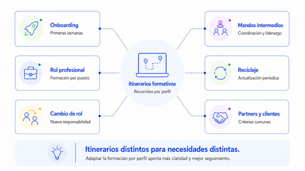 Infografía sobre itinerarios formativos para empresas con ejemplos de recorridos por perfil.